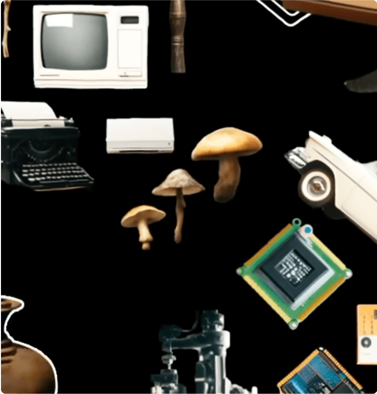 A collage on a black background features a vintage computer, typewriter, car, circuit boards, mushrooms, pottery, and machine parts, arranged randomly with no clear pattern.